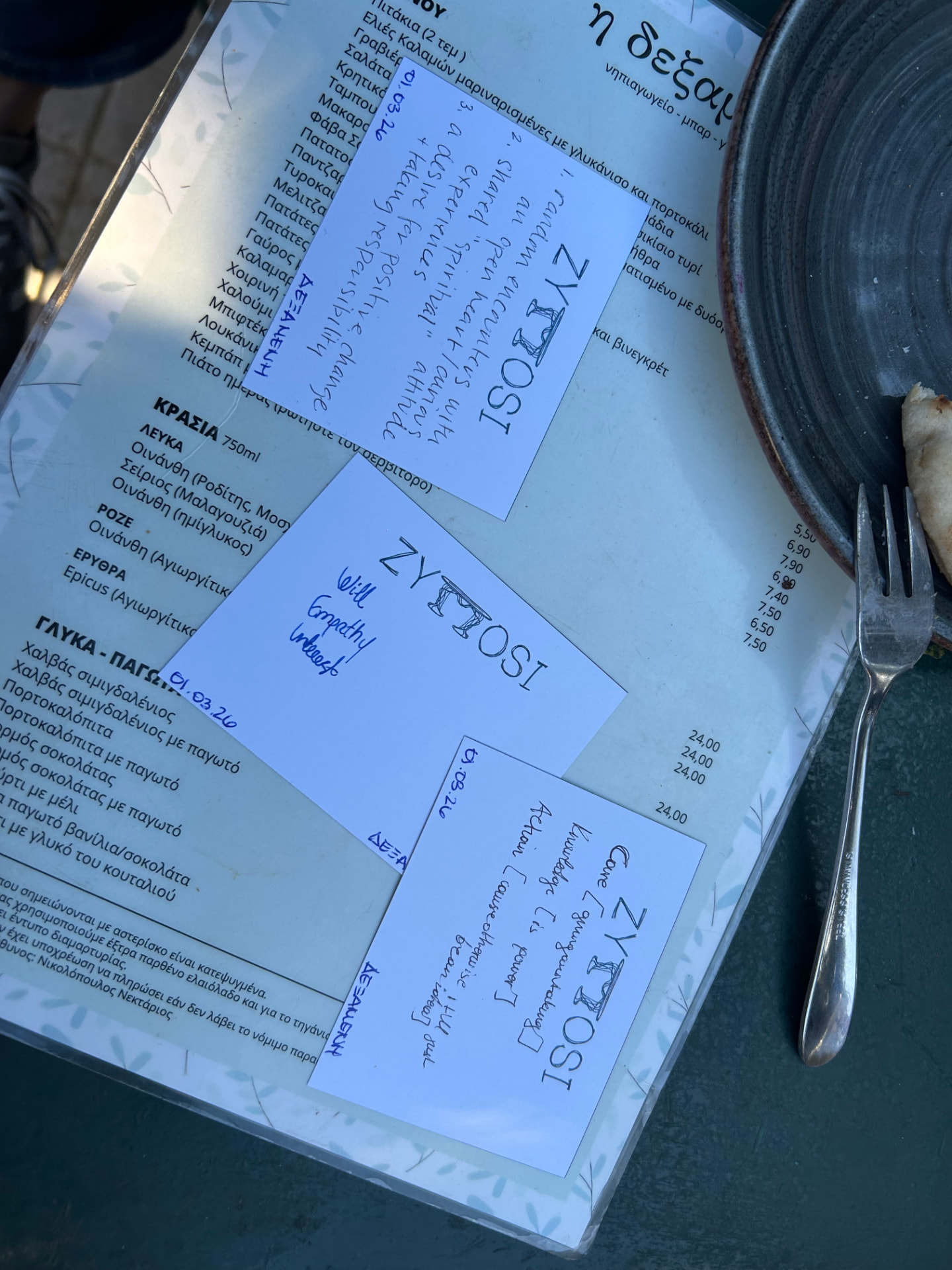Handwritten Zymosi place cards resting on a taverna menu